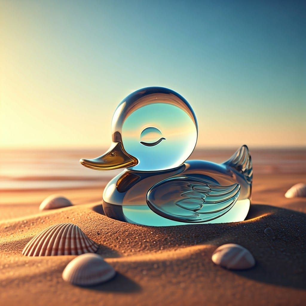 Glass Duckling Sleeping on a Sunny Beach as 3D Art