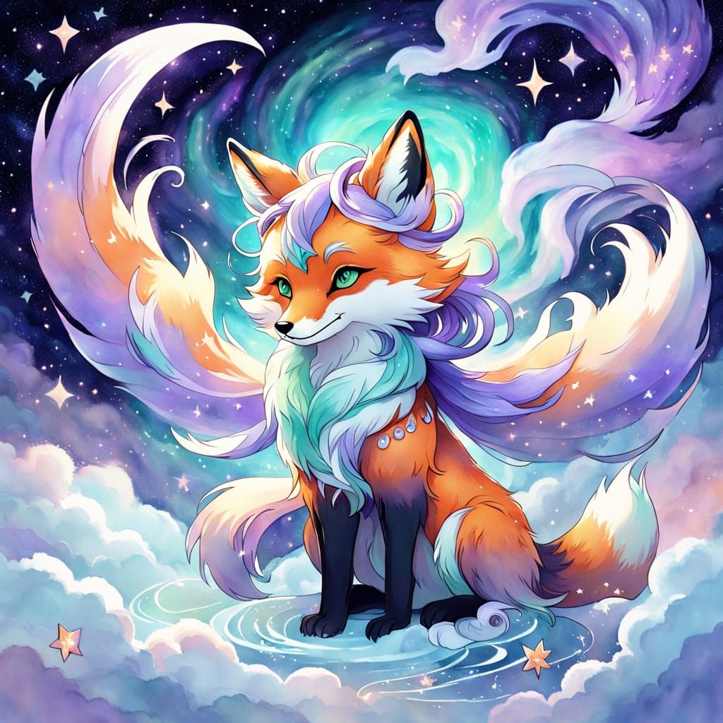Whimsical Cosmic Fox Watercolor Dream
