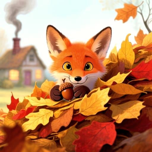 Mischievous Fox Cub Steals Acorn Near Cozy Cottage