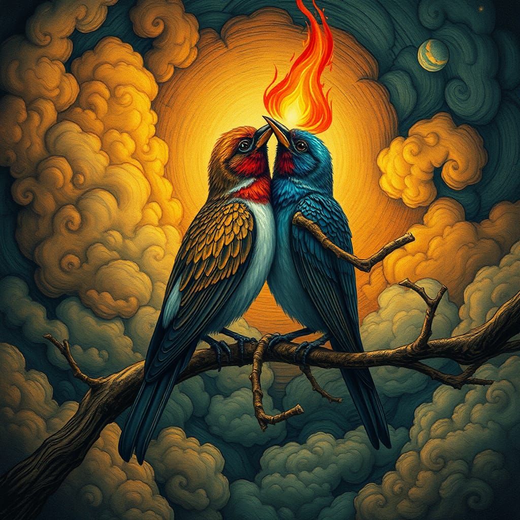 Entwined Birds in Quilted Tapestry: 3D Effect Illustration