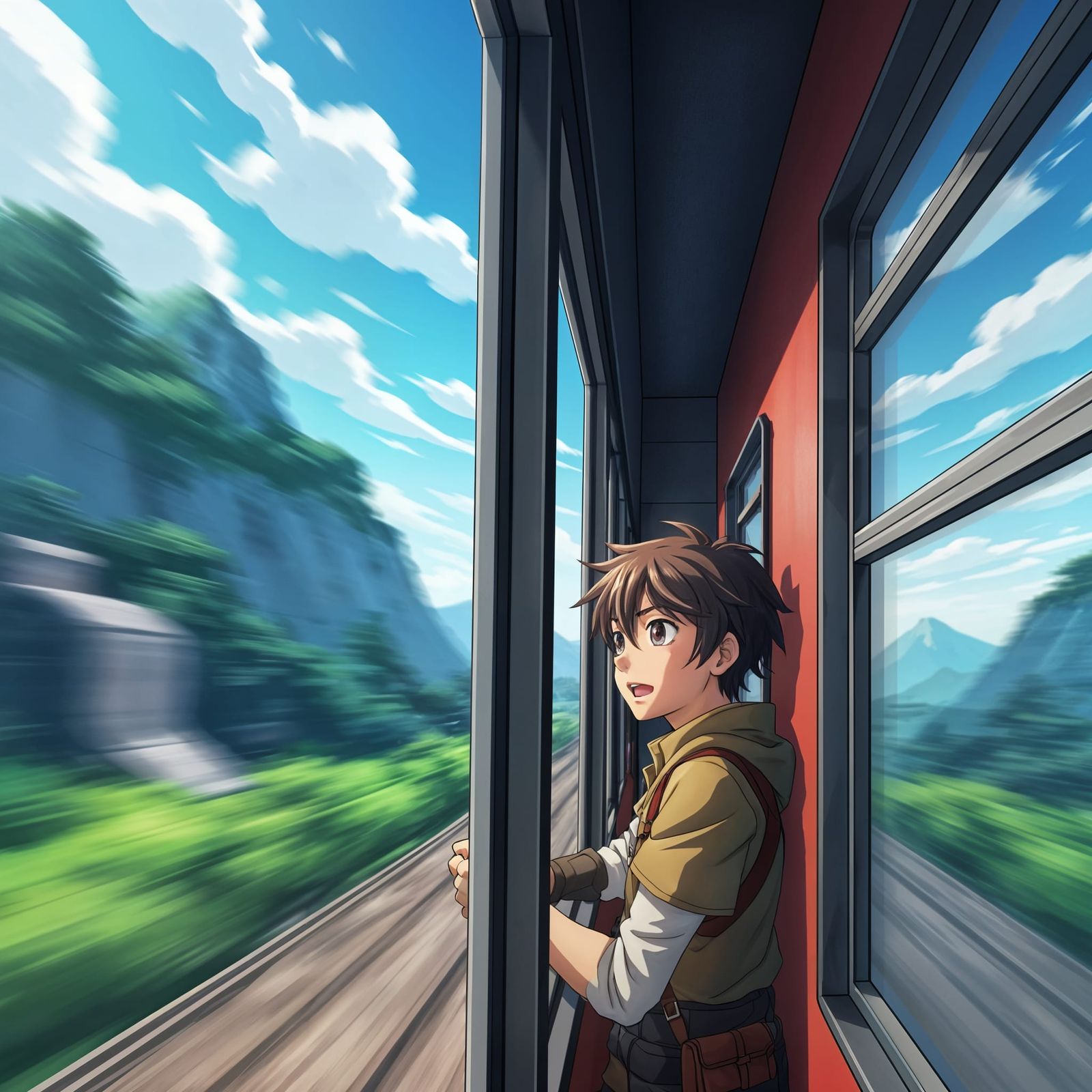 Anime Train Journey: Adventurer Gazes at Blurring Landscape