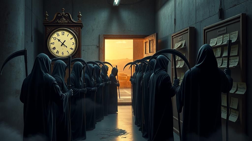 Reapers Clocking In: An Ethereal Factory Scene