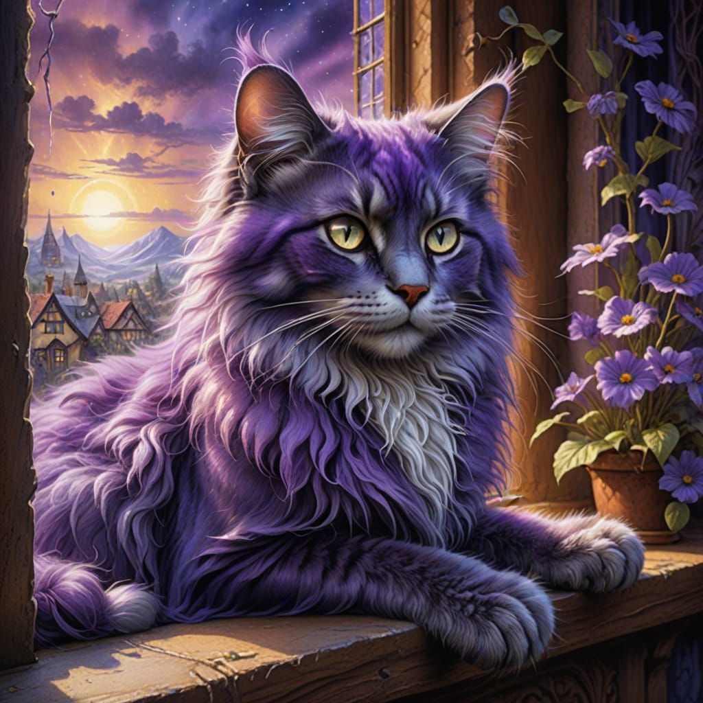 Purple Big Furry Cat on Windowsill in Fantasy Style