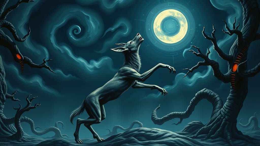 Surreal Wolf Howling at Eye Moon