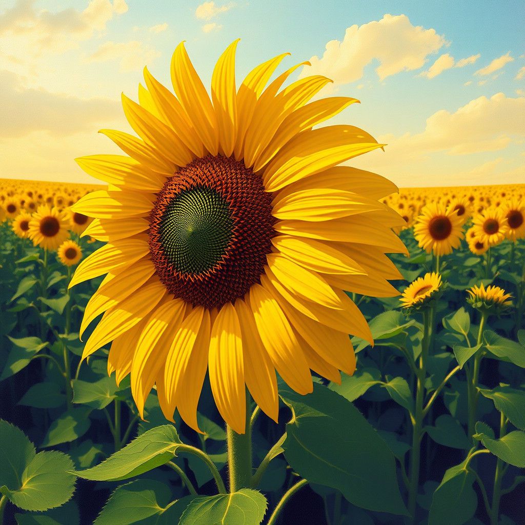 Majestic Sunflower Field in Art Nouveau Retrofuturism