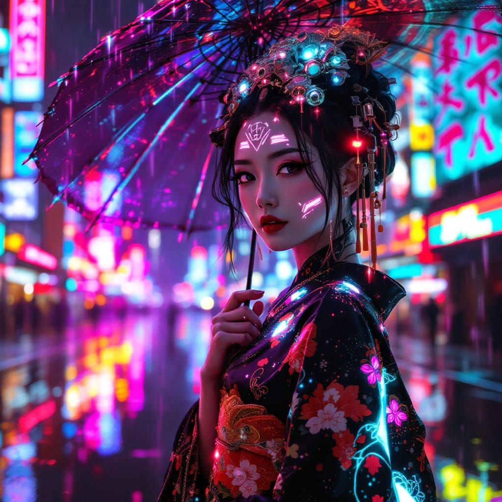 Cyberpunk Geisha in Neo-Tokyo: 8K Anime Couture