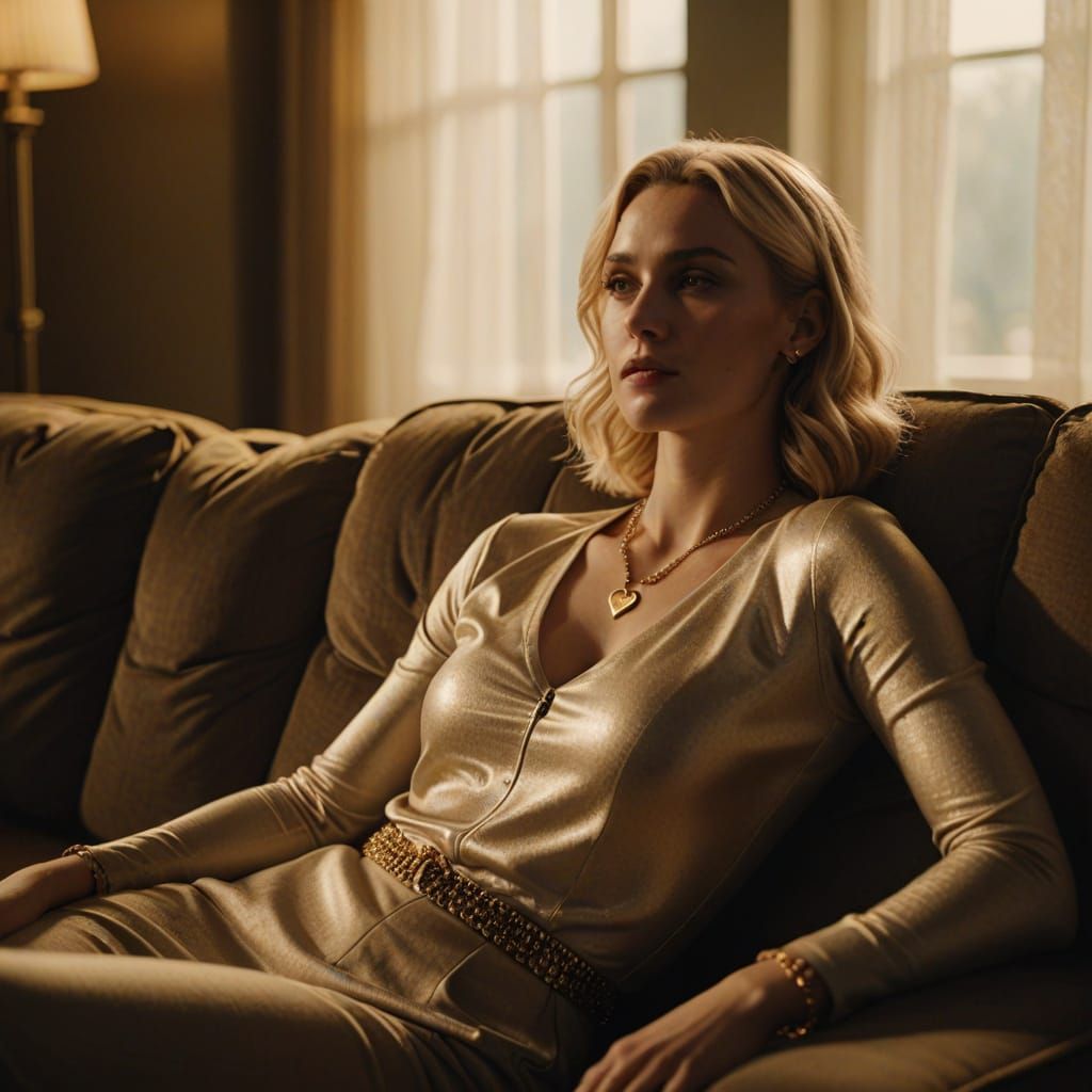 Athletic Blonde Woman Relaxing on Sofa in Cinematic Lighting