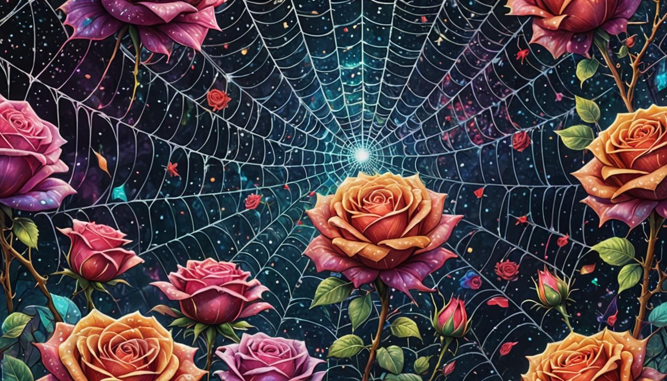 Sparkling Spider Web with Roses in Astral Style