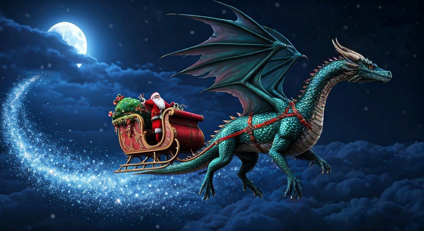 Majestic Christmas Dragon Pulling Santa's Sleigh