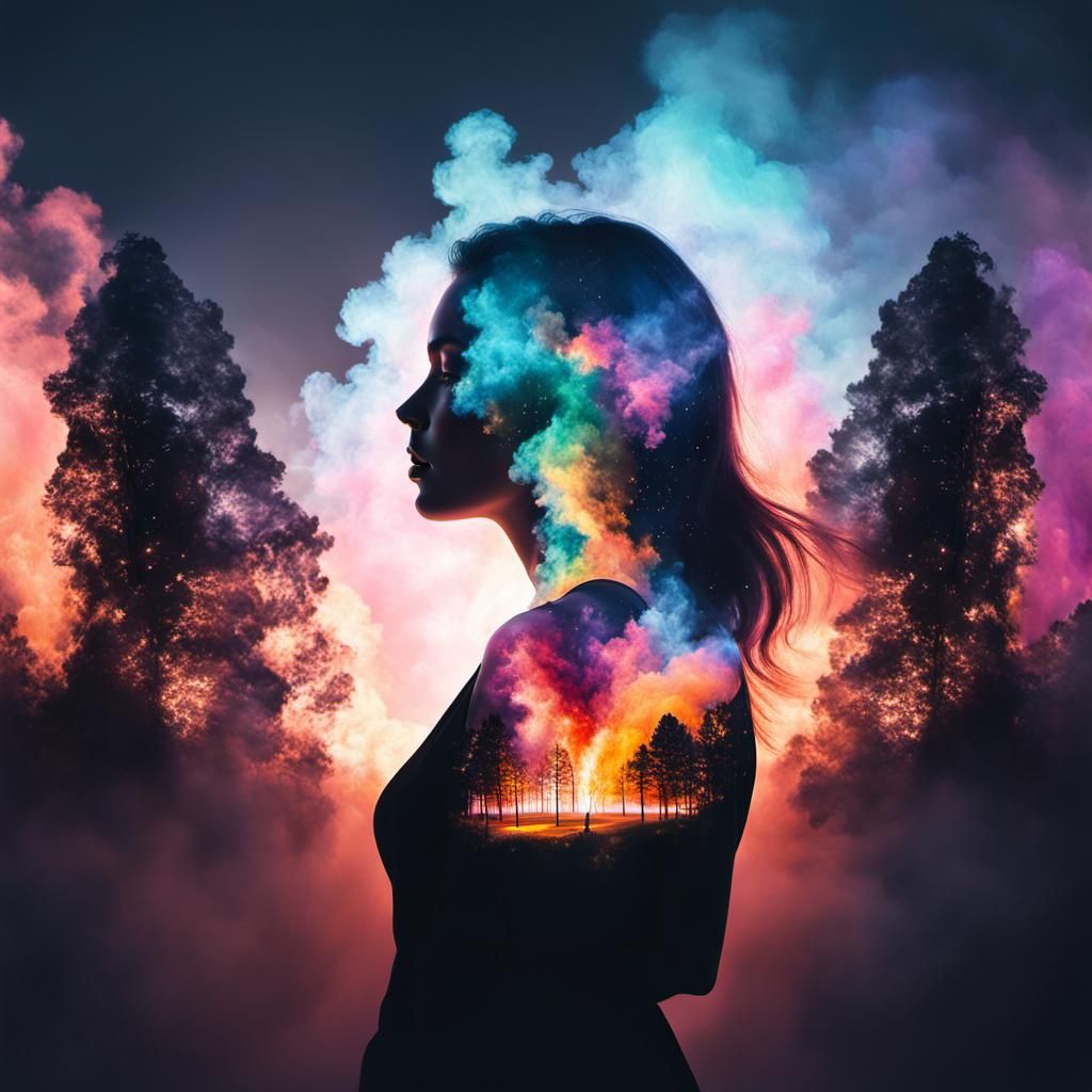 Rainbow Fire Explosion and Heaven Dream in Double Exposure
