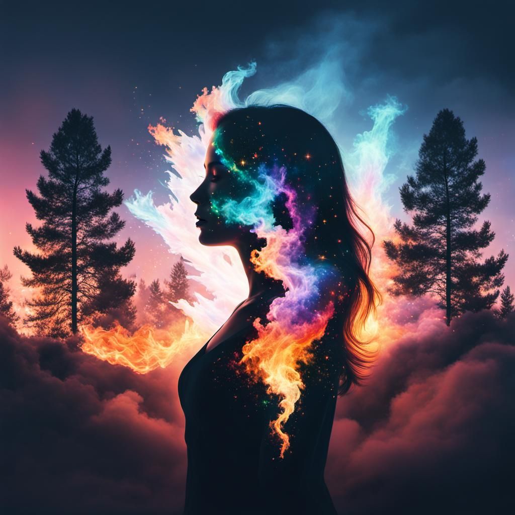 Dreamy Girl in Rainbow Fire Explosion: Double Exposure Art