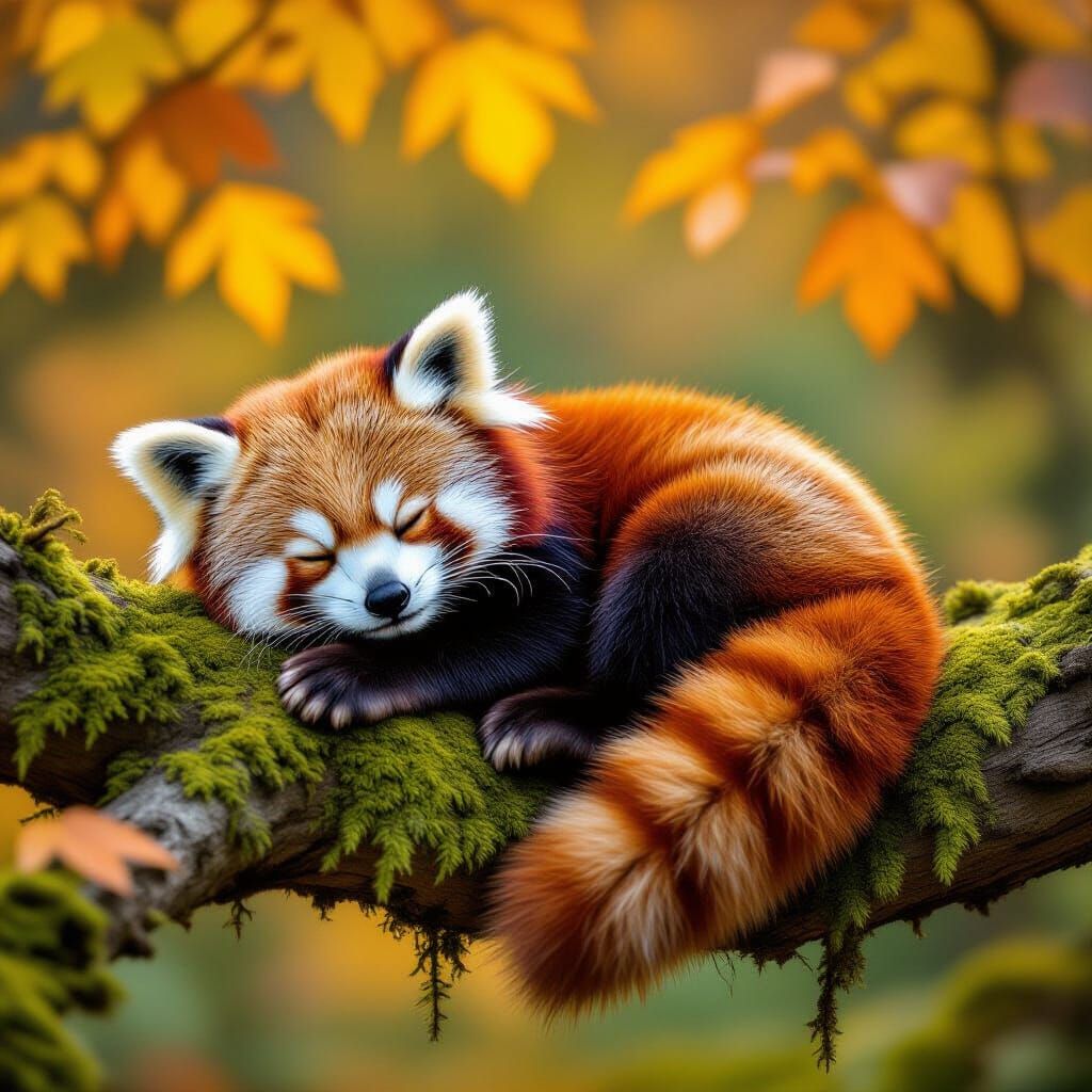 Red Panda Sleeping Peacefully in Autumn Forest