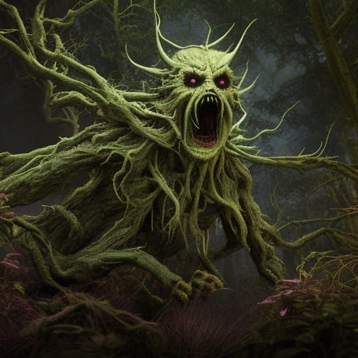 Terrifying Banshee in Dark Forest: Detailed Matte Painting