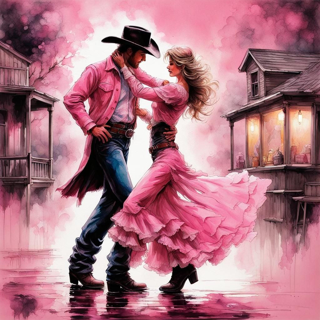 Country Couple Dancing in Pink, Ink Splash Art