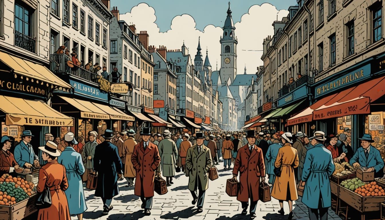 19th Century Street Market in Hergé Style