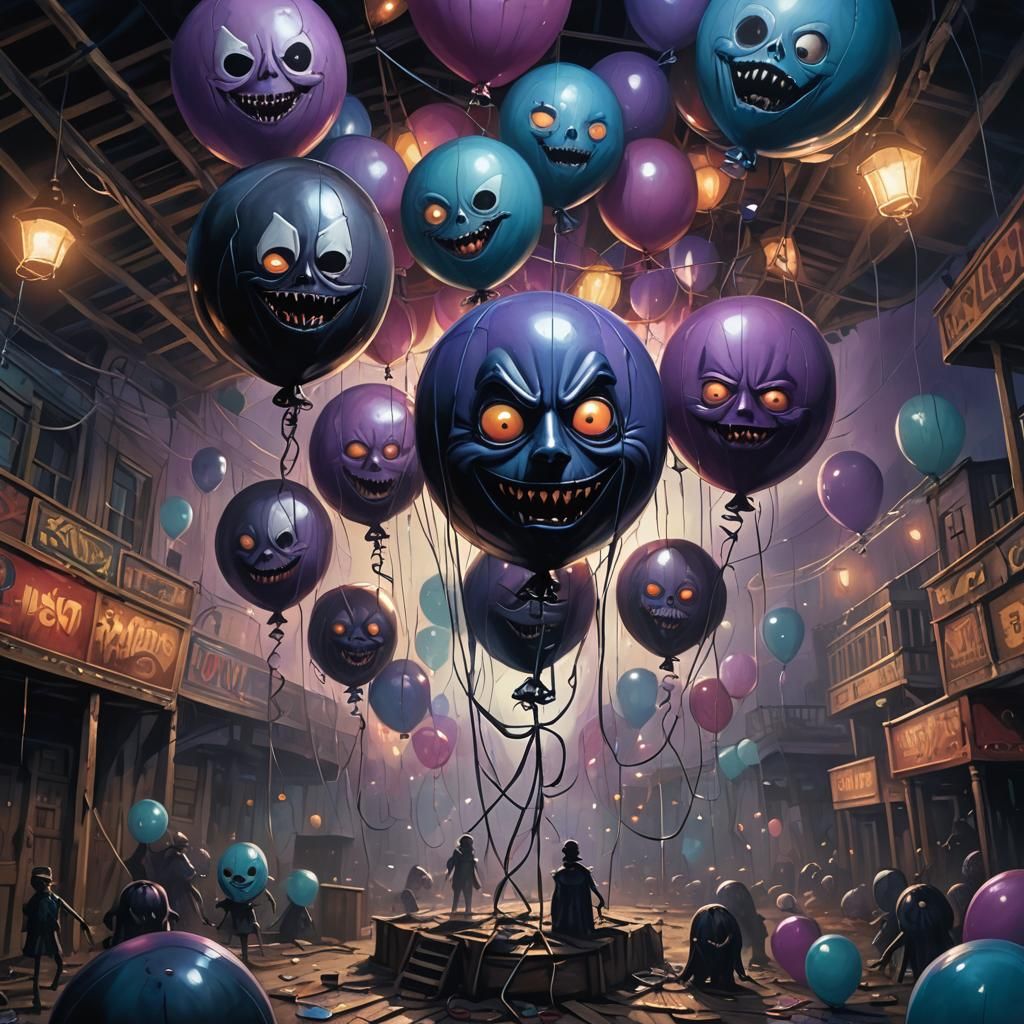 Sinister Balloons in Abandoned Carnival: Dark Fantasy Art