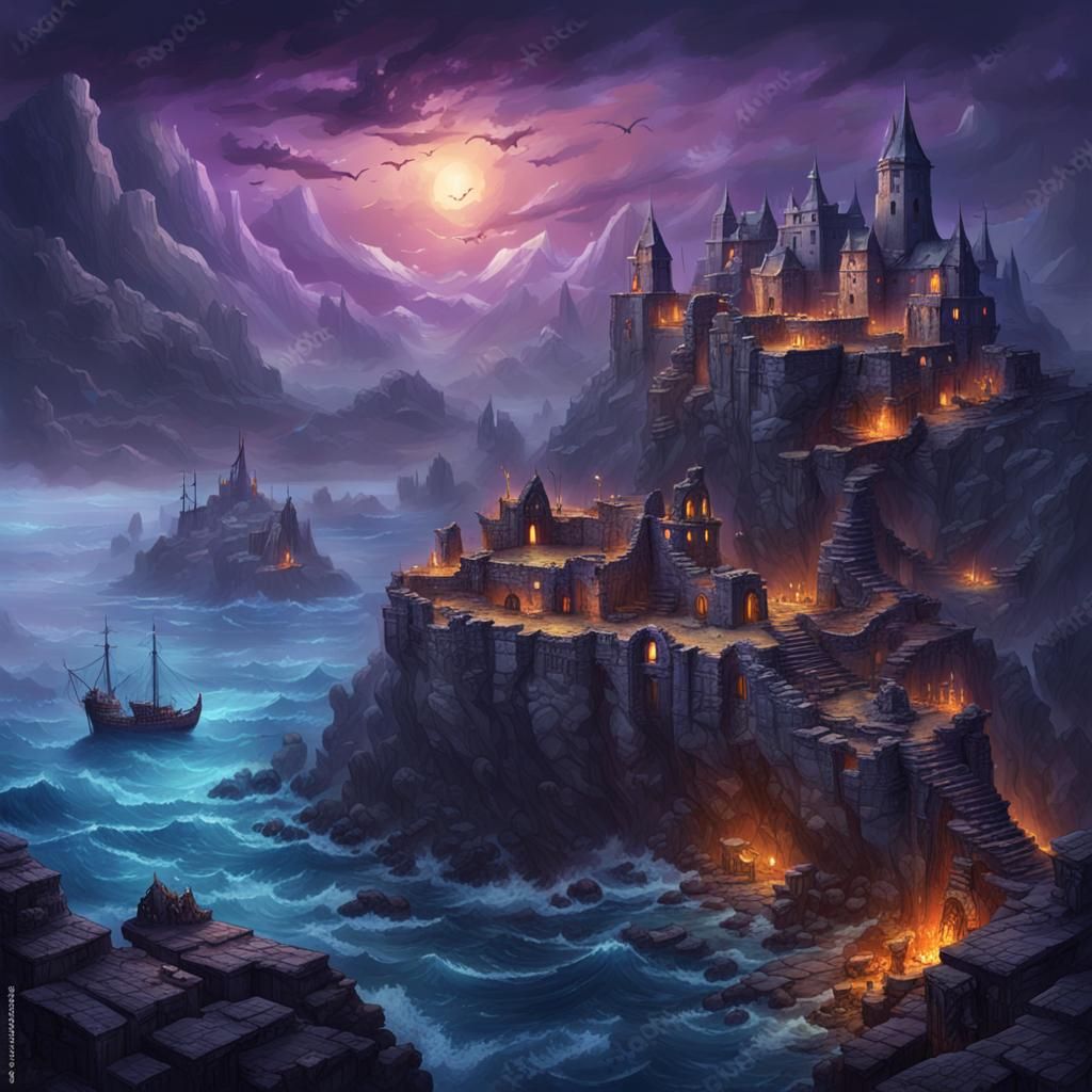 Elven Village Ruins on Cliff in Dark Fantasy Style