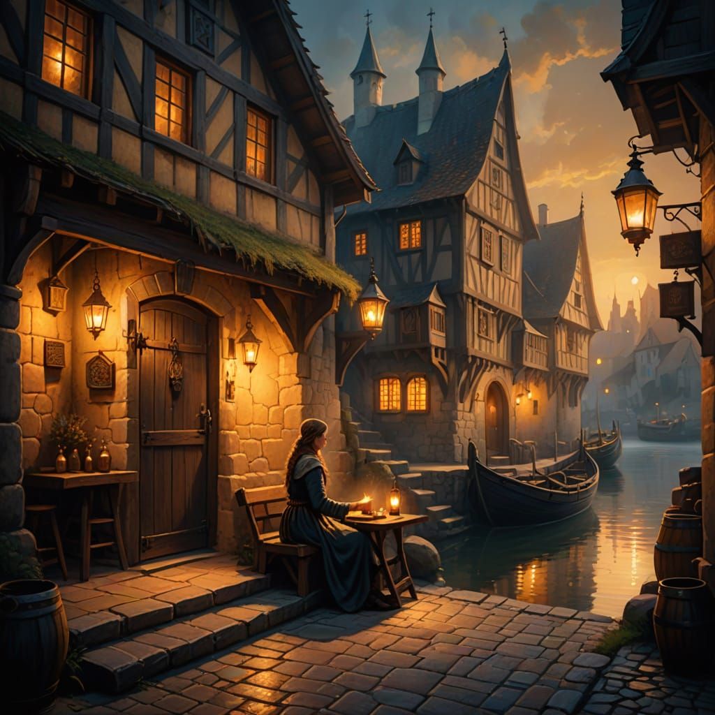 Medieval Tavern Scene with Girl at Waterfront