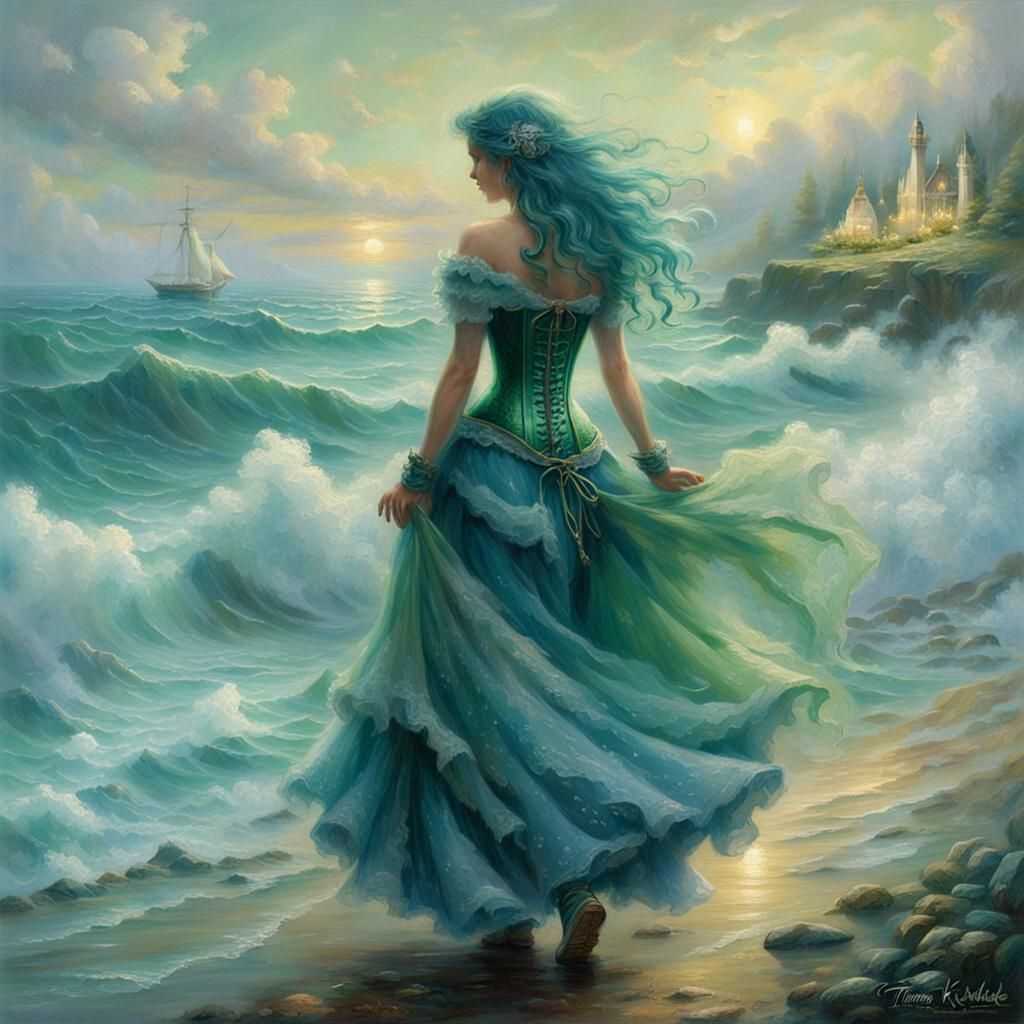 Ethereal Woman with Blue-Green Hair by the Ocean