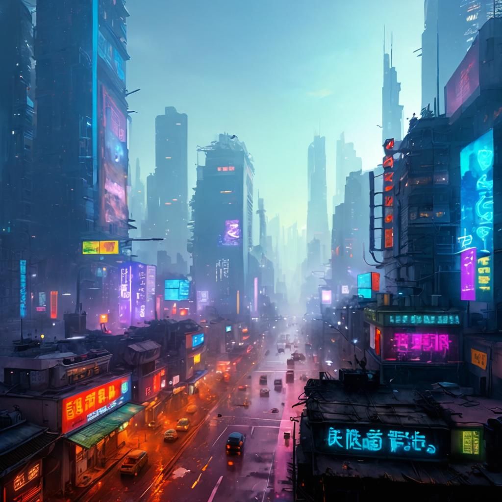Surreal Cyberpunk Cityscape in China, Hyperrealistic Illustr...