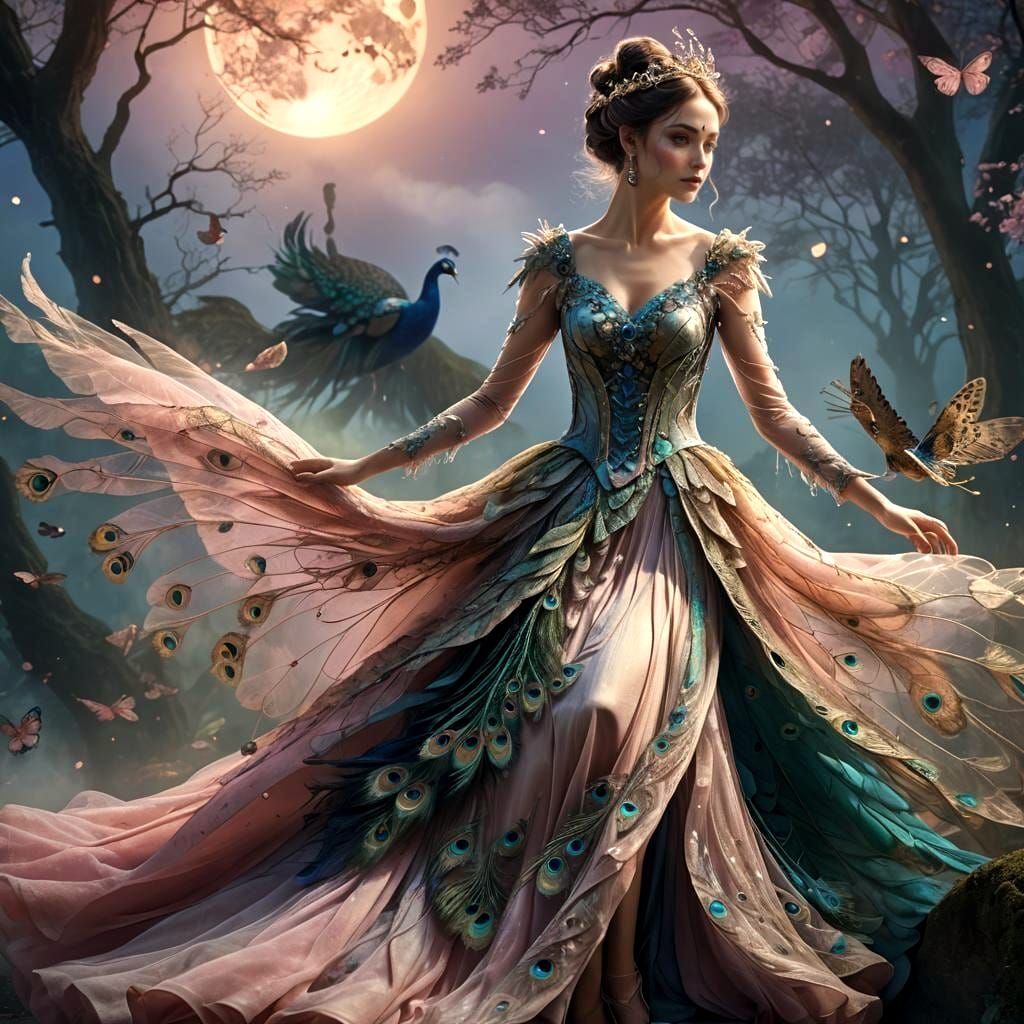 Moonlit Fairy with Peacock Wings in Flight