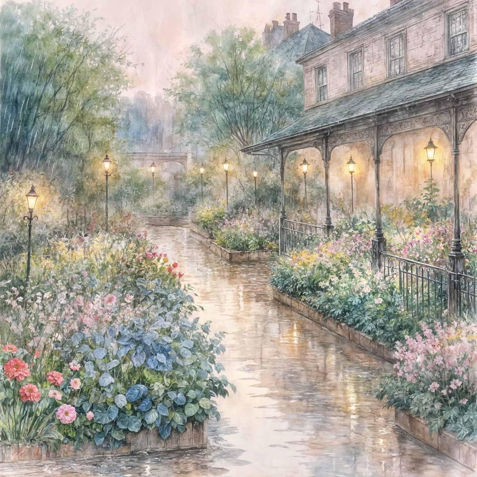 Faded Ink Painting of Urban Garden in Rain