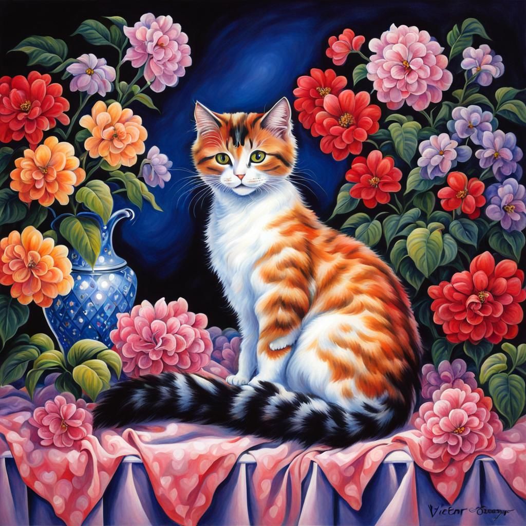 Cute Cat Surrounded by Flowers and Heart Lights