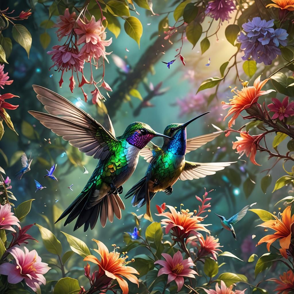Seethrough Hummingbird Surrounded by Fantasy Flora