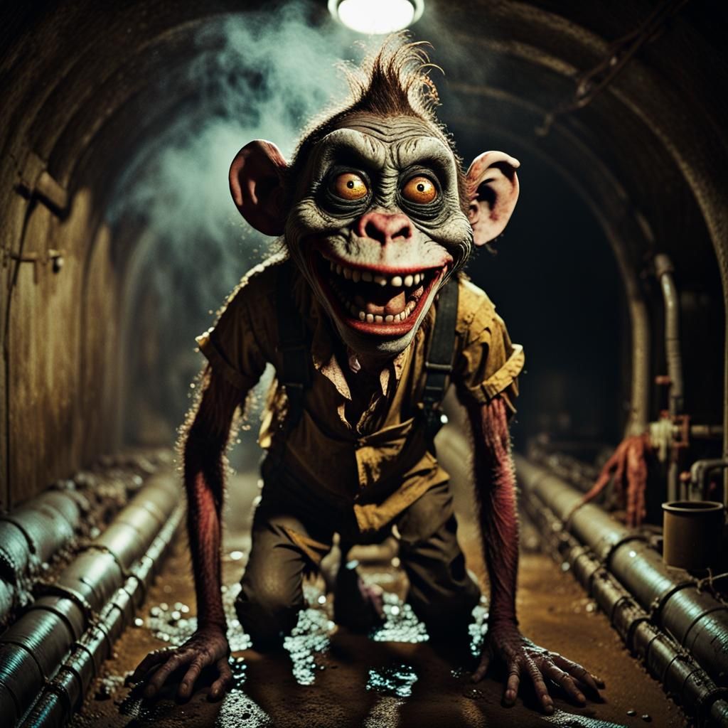 Cinematic Zombie Monkey Clown in Sewer Tunnel