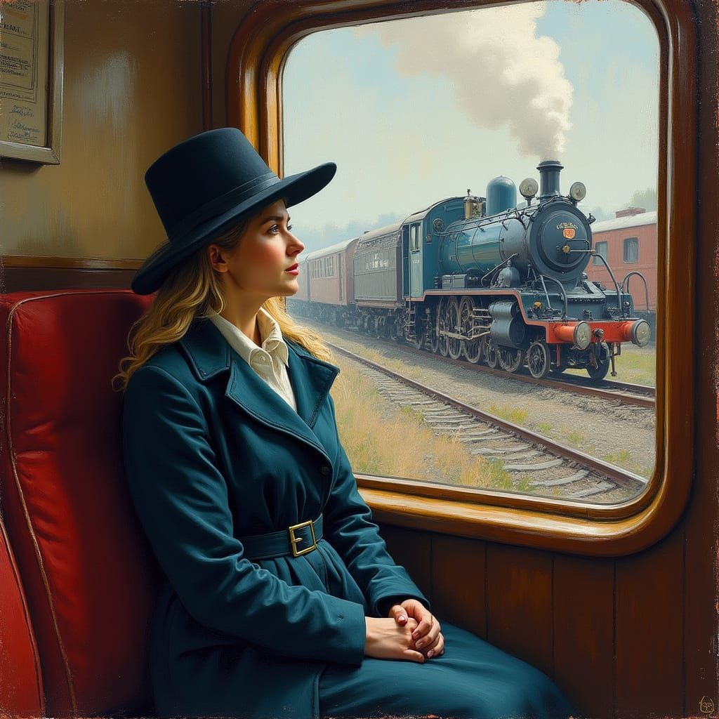 Woman Gazing at Locomotive in Amsterdam, in the Style of Van...