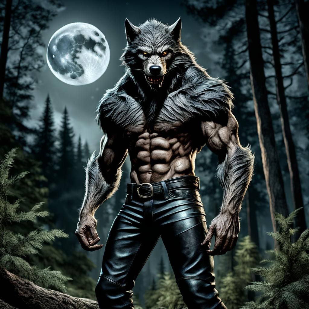 Hyperrealistic Werewolf in Forest Under Full Moon