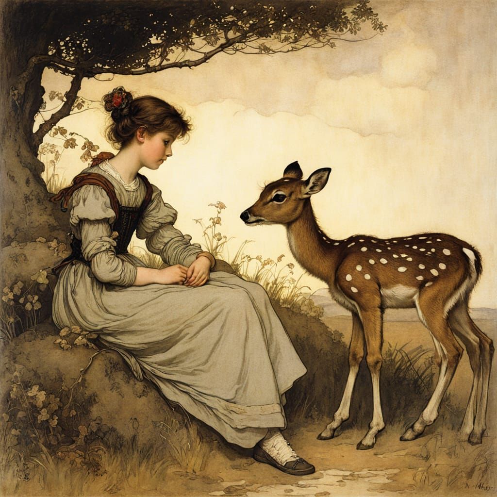 Girl and Fawn in Enchanted Forest
