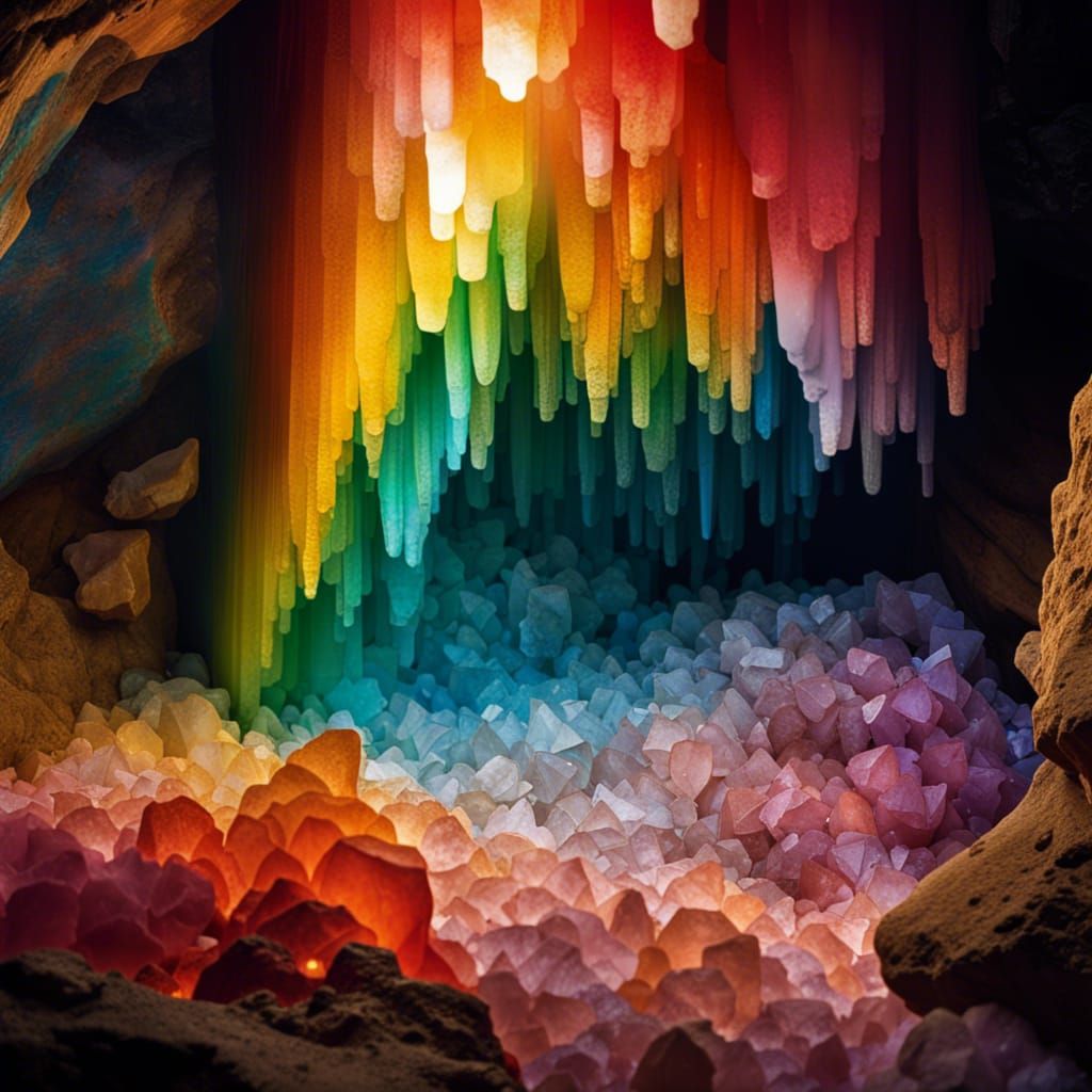 Rainbow Quartz Crystals in Cave, Bokeh Lighting