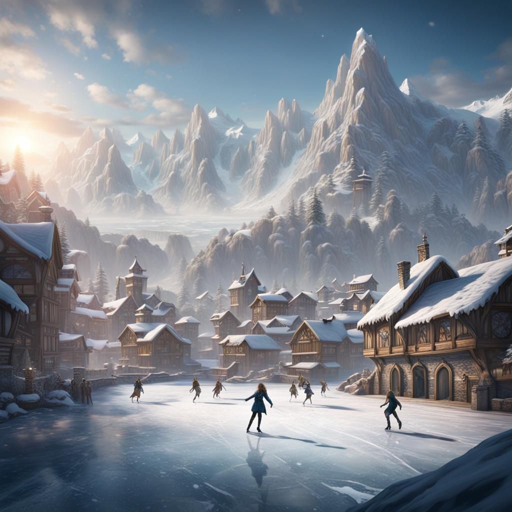 Figure Skating in Snowy Mountains: Detailed Matte Painting