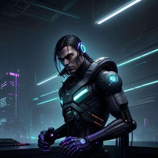 Cyberpunk Cyborg in Futuristic Lab, Digital Art