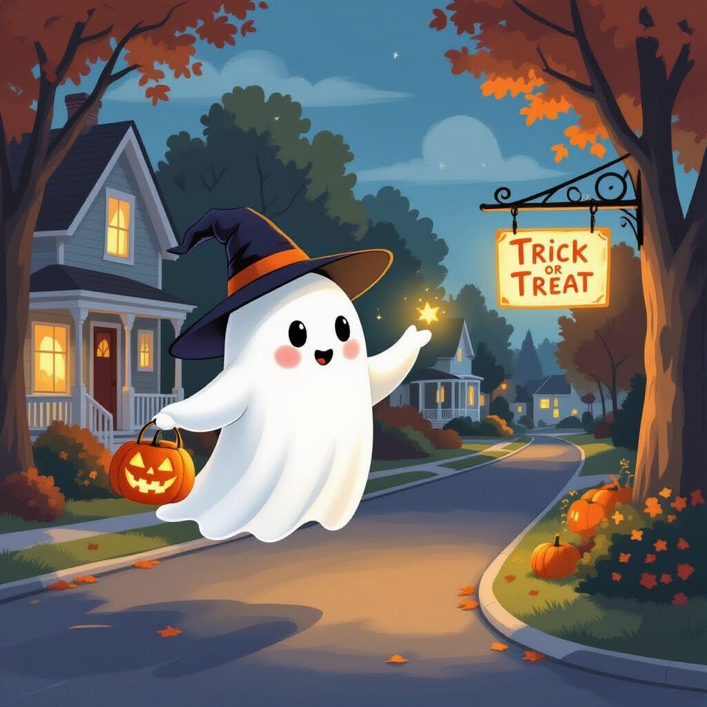Friendly Ghost Trick-or-Treating at Dusk