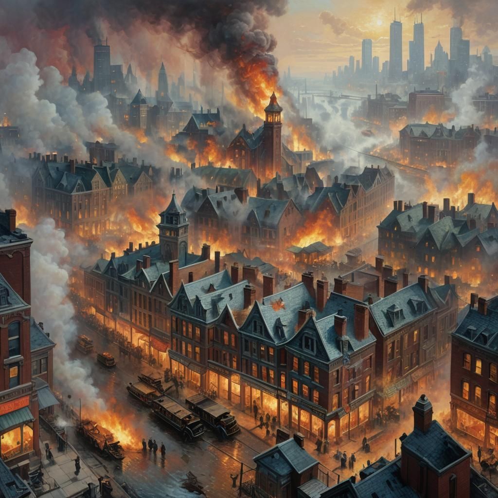 Chicago Fire of 1871: Ethereal Gouache Fantasy