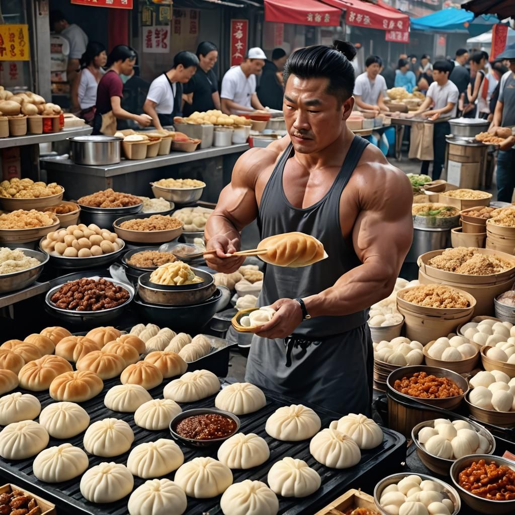 Chinese Bodybuilder Selling Bao Buns at Market