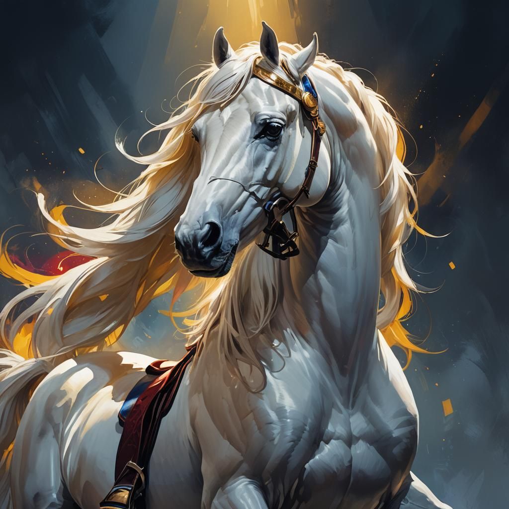 Majestic White Horse Portrait in Art Nouveau Style