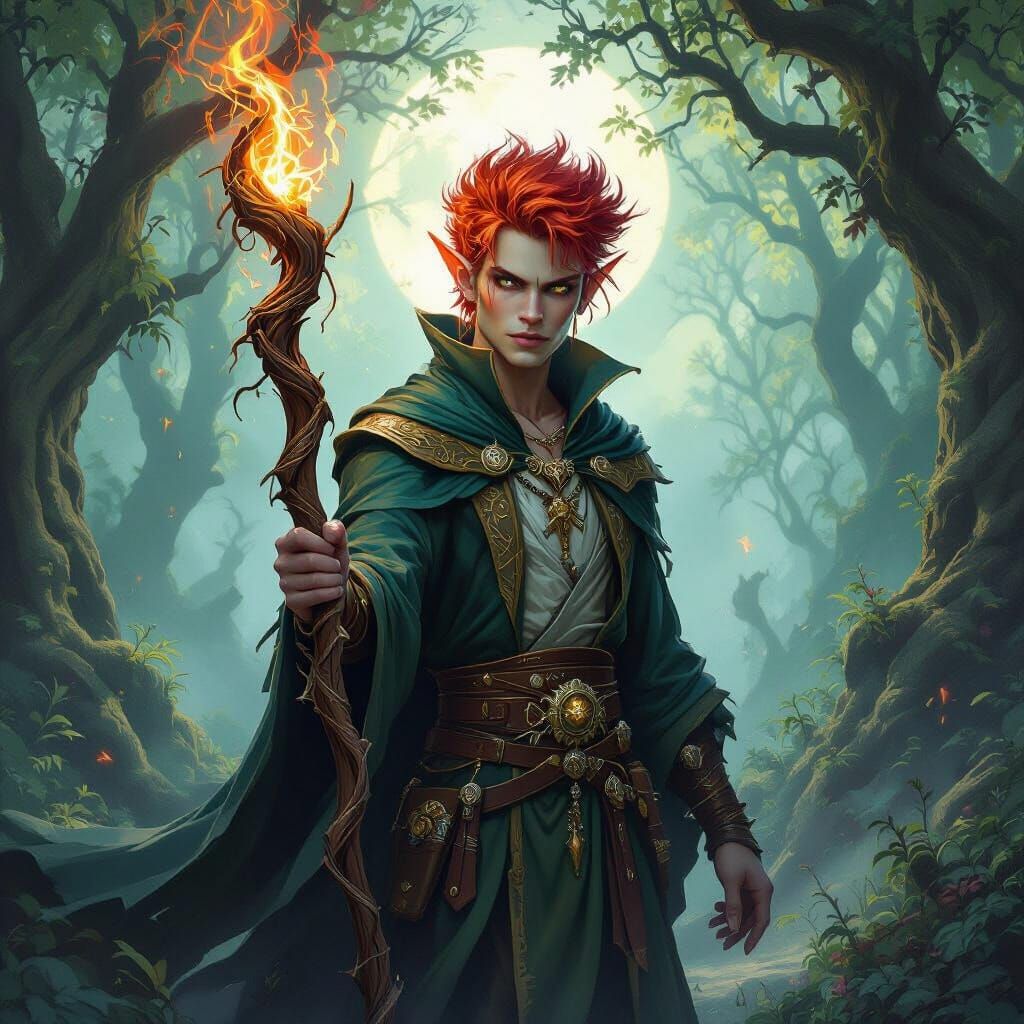 Androgynous Elf Wizard in Mystical Forest