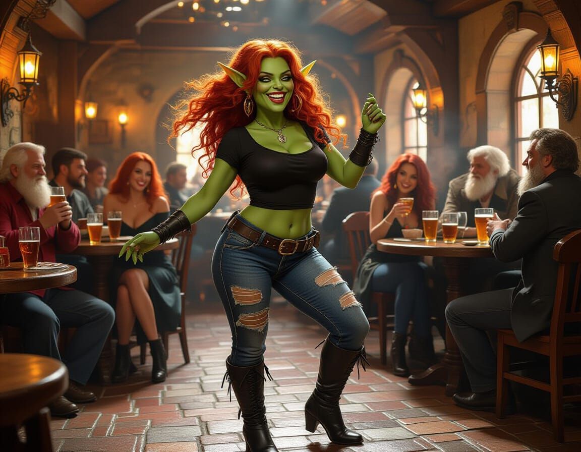 Voluptuous Goblin Dances in Tavern, Mystical Digital Art