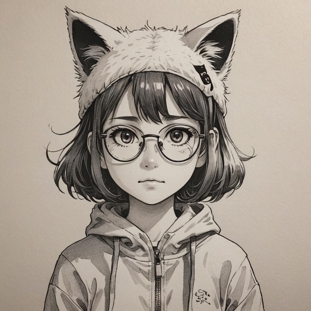 Young Girl with Cat Ears Hat, Manga Drawing