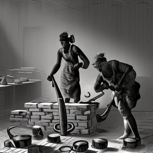 18th Century Laborers Grinding Scissors: Linocut