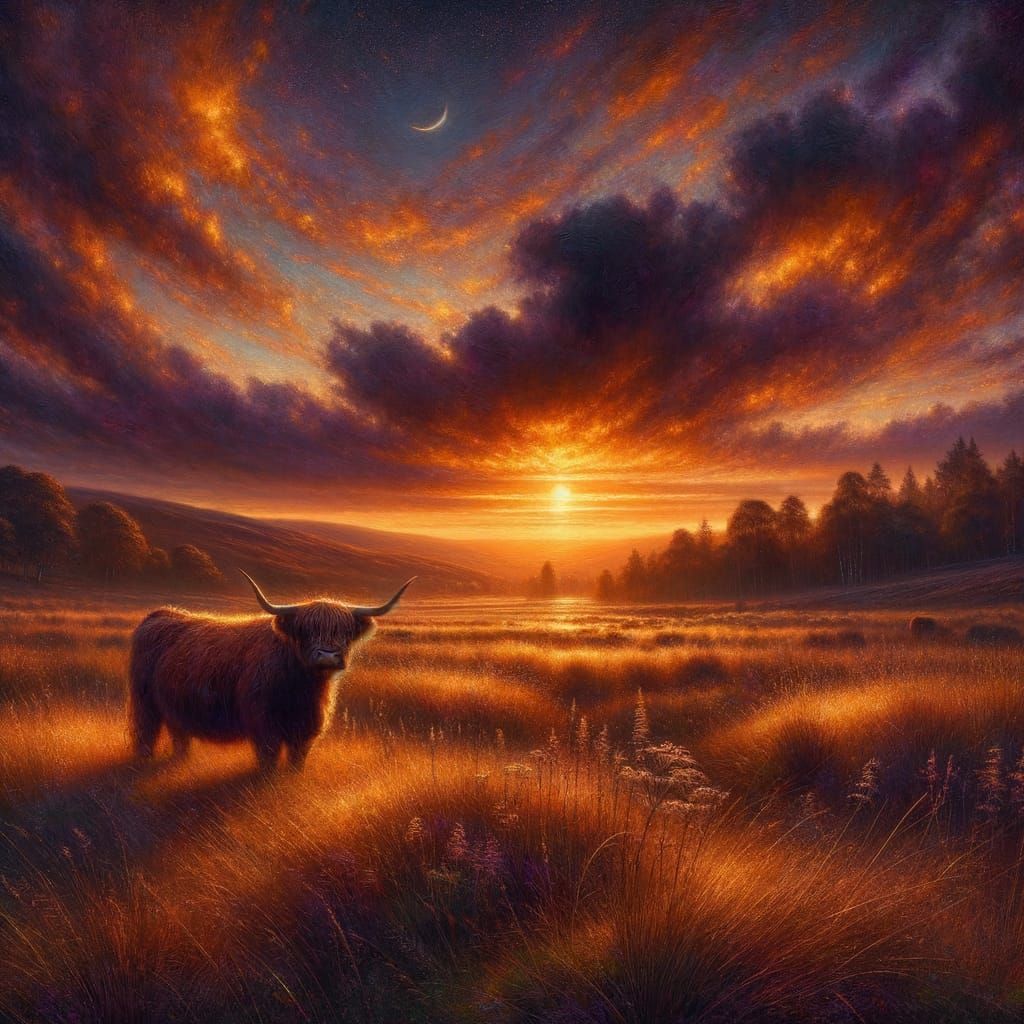 A lone Highland cow stands in a field of golden autumn grass...