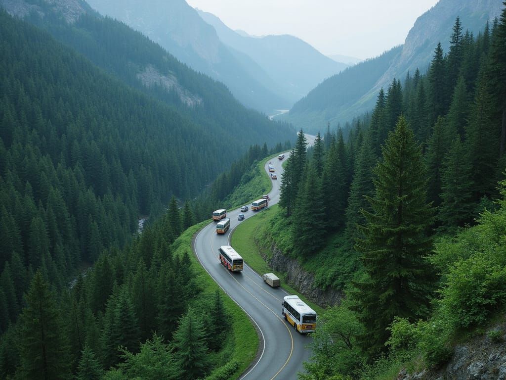 Vibrant Buses Navigate Treacherous Mountain Road