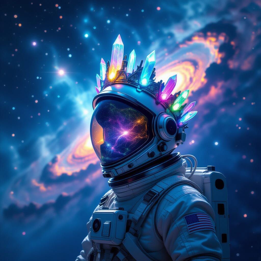 Astronaut Adrift with Crystal Crown Reflecting Nebula