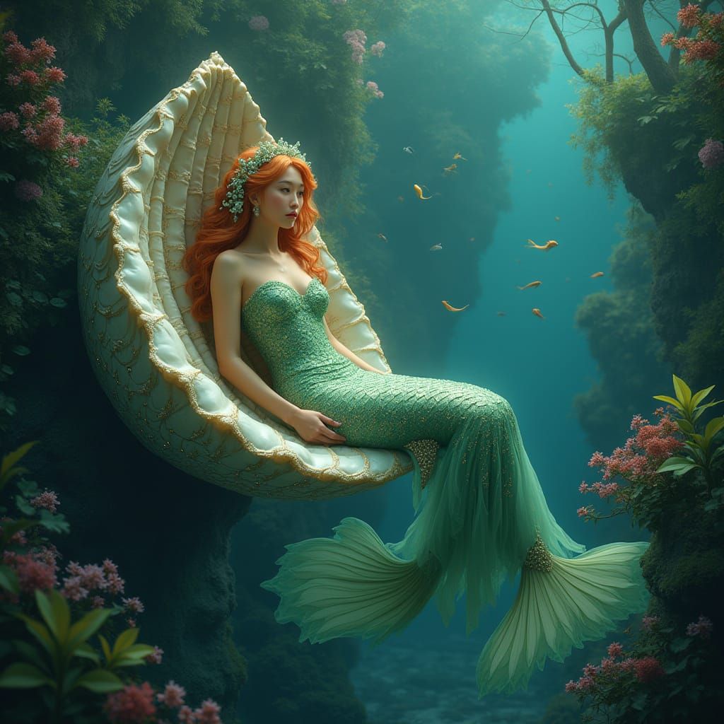 Mermaid in Art Nouveau Style with Bioluminescent Flora