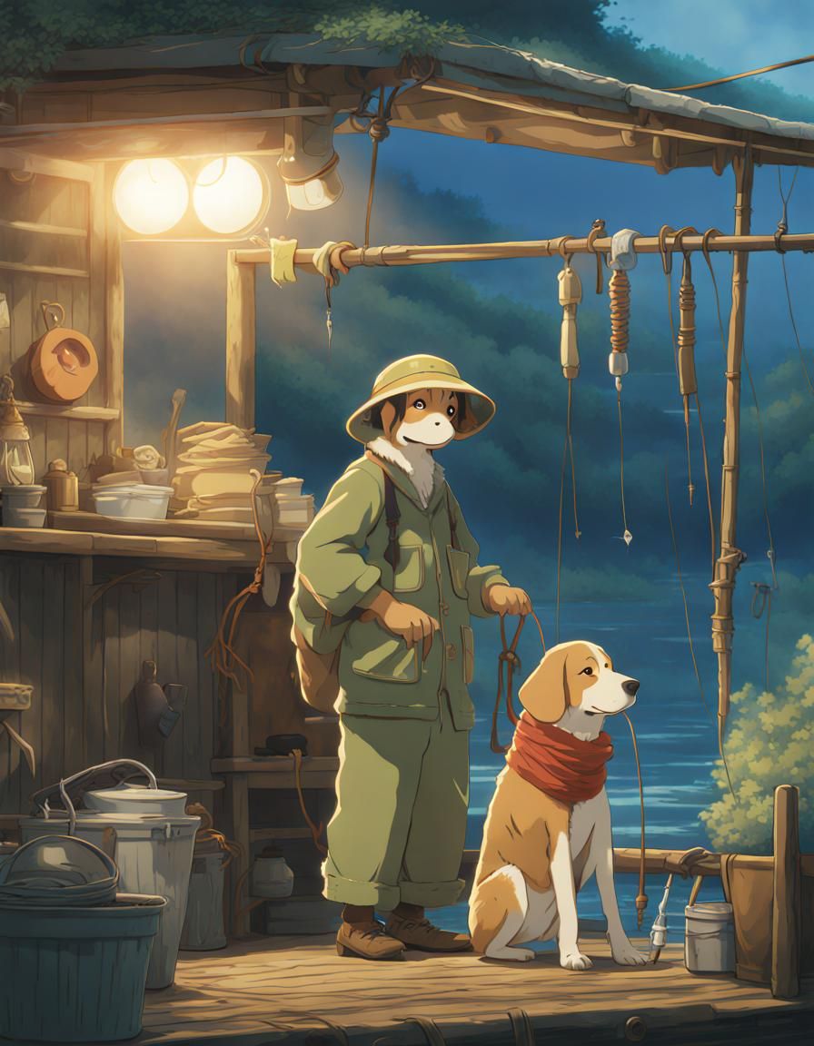 Dog as Fisherman in Studio Ghibli Anime Style