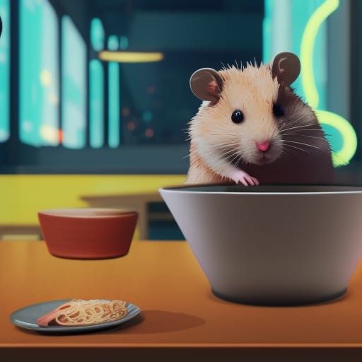 Hamster in Cyberpunk Cafe with Ramen