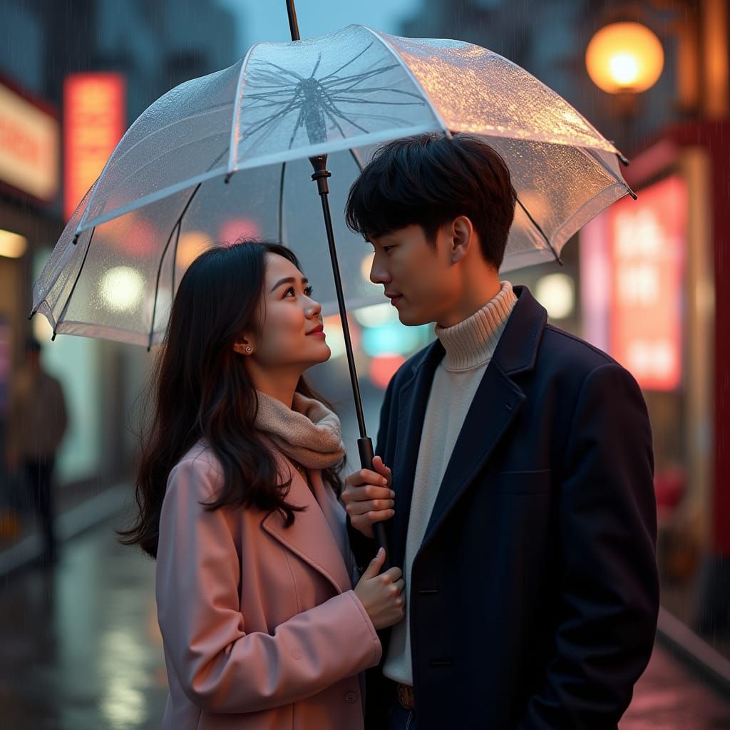 Romantic Couple in Rainy Korean Street Scene
